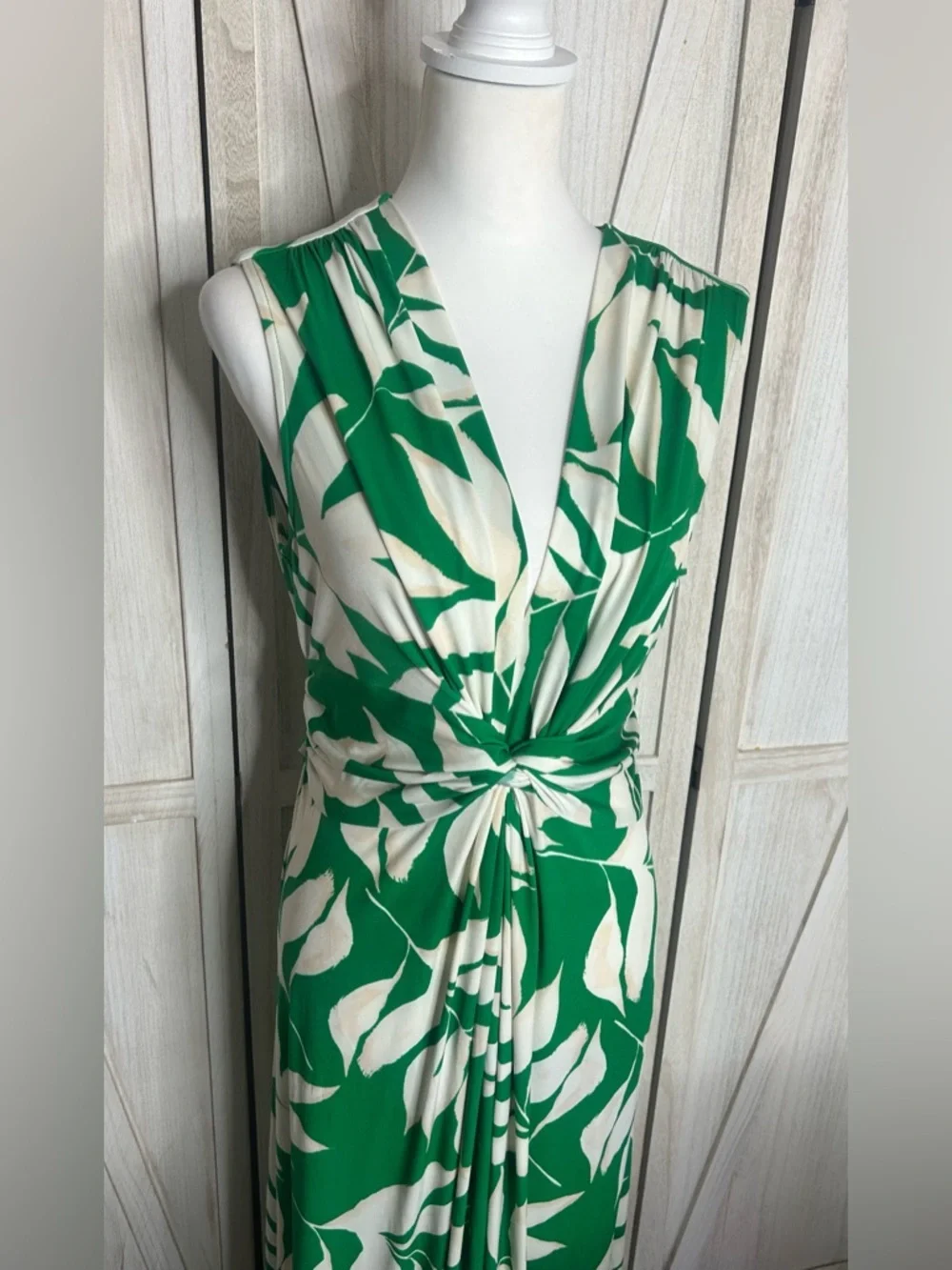 Eliza J EUC Twist Front Green White Sleeveless Leaf-Print Maxi Dress Sz 16 Boho